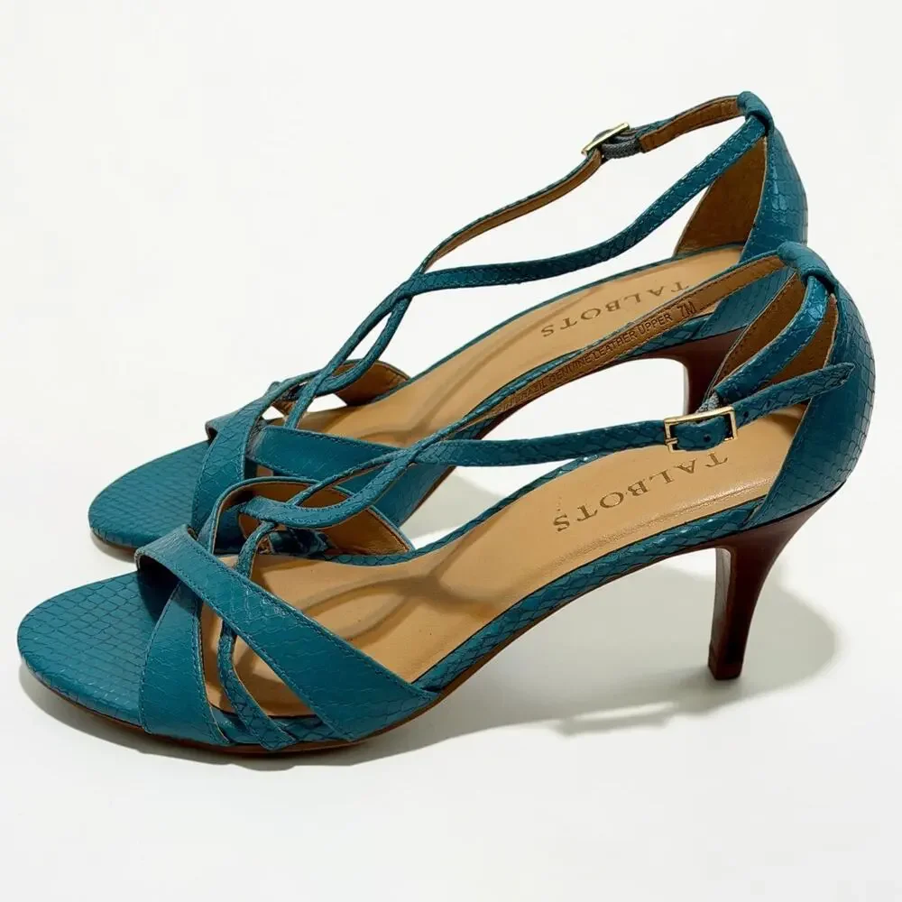 Talbots Lana Leather Sandals Sz 7M Peacock Teal Snakeskin Strappy 3